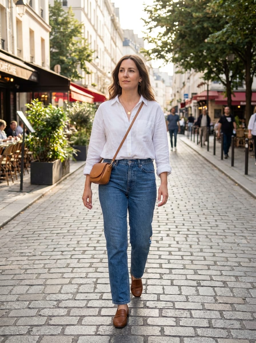 Jeans mit Bluse und Loafern - Spätsommer Outfit